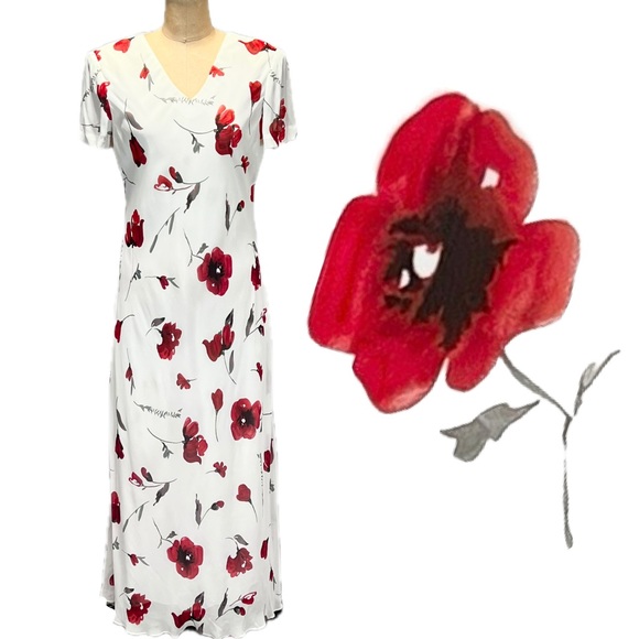 VINTAGE 90s poppy dress long maxi short sleeve floral flower garden party vneck‎ - Picture 1 of 14